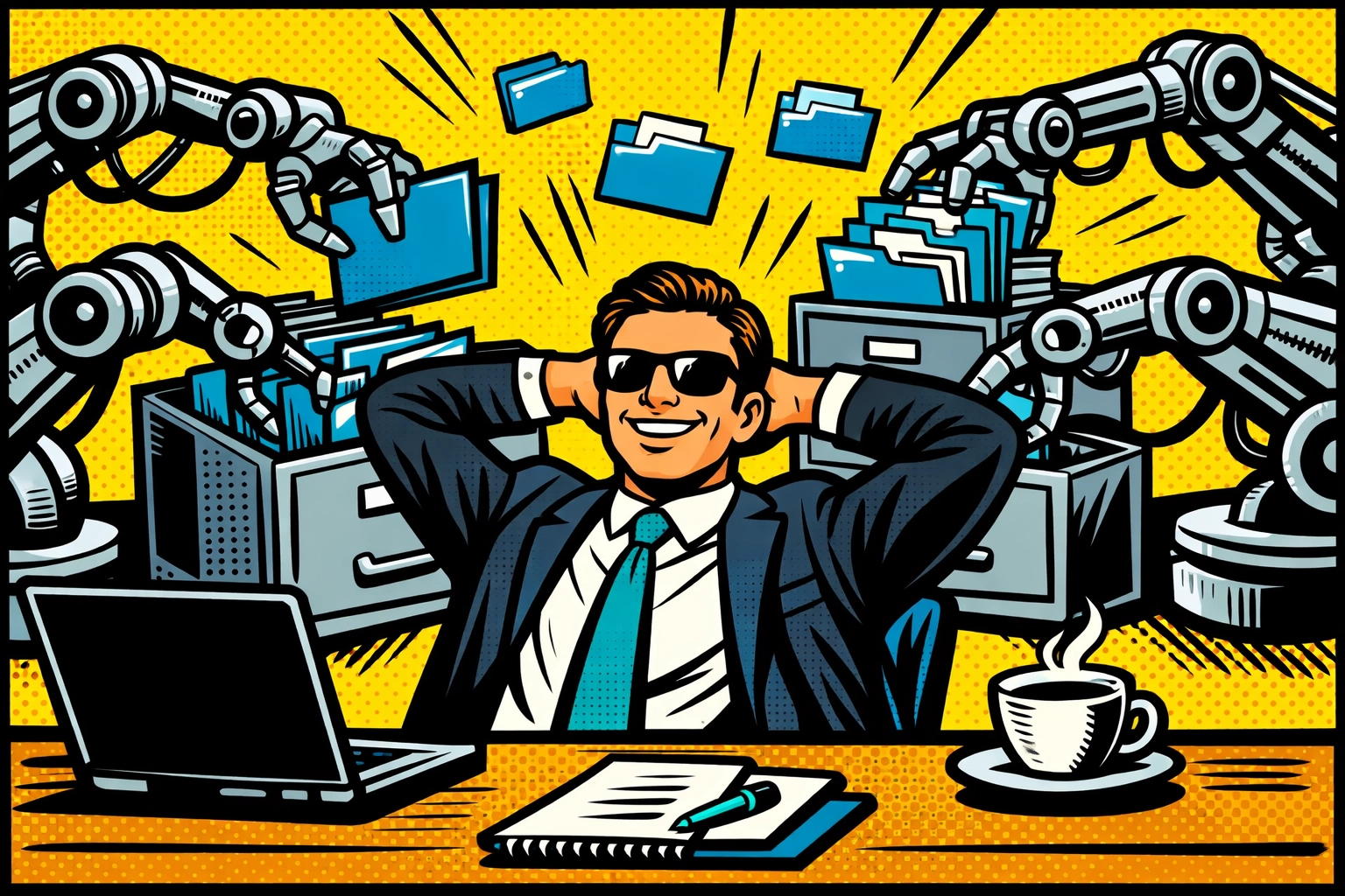 Relaxed business owner using automation tools to handle admin tasks and filing.