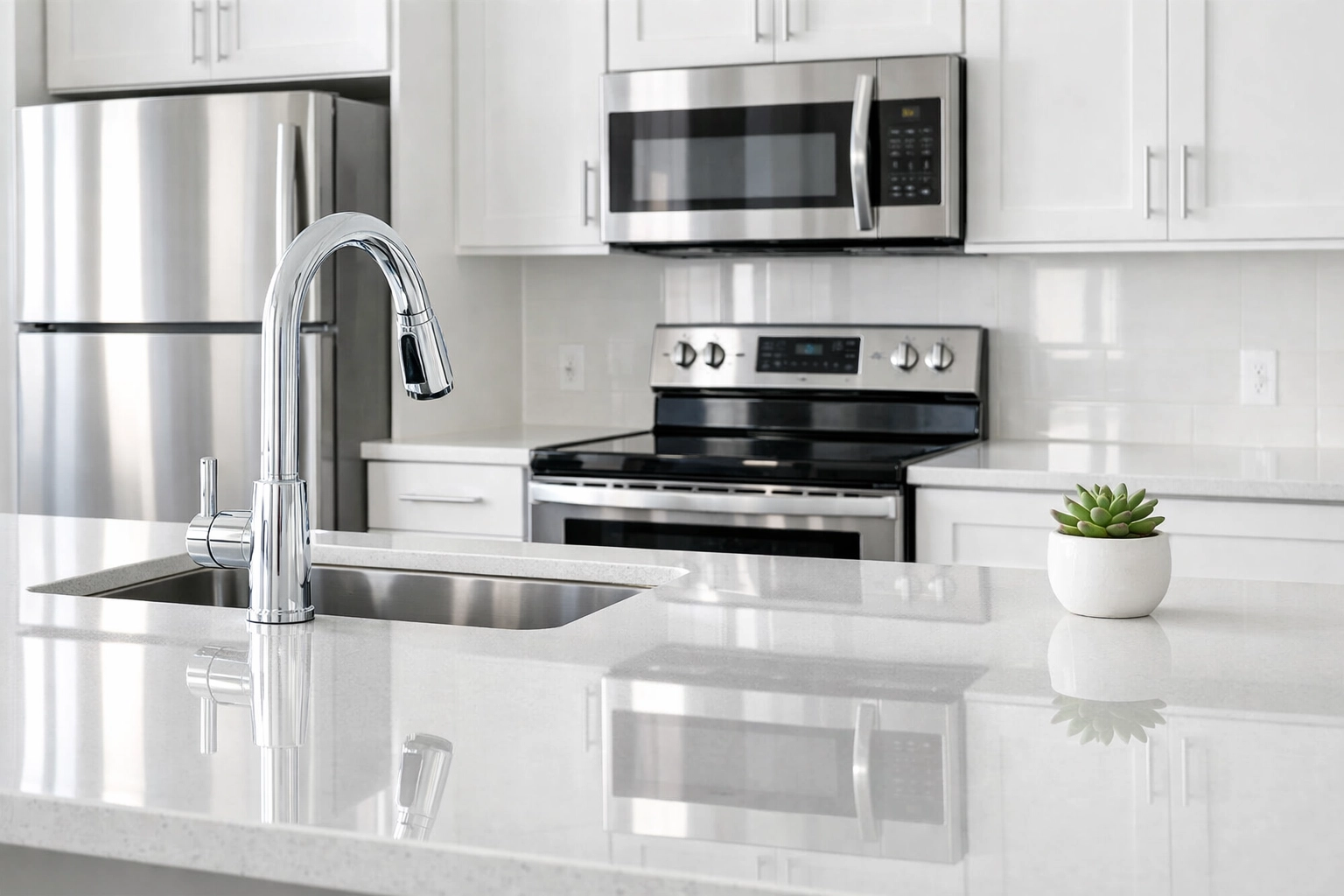 Pristine apartment kitchen in Detroit showing move-in ready standards for multifamily property managers.