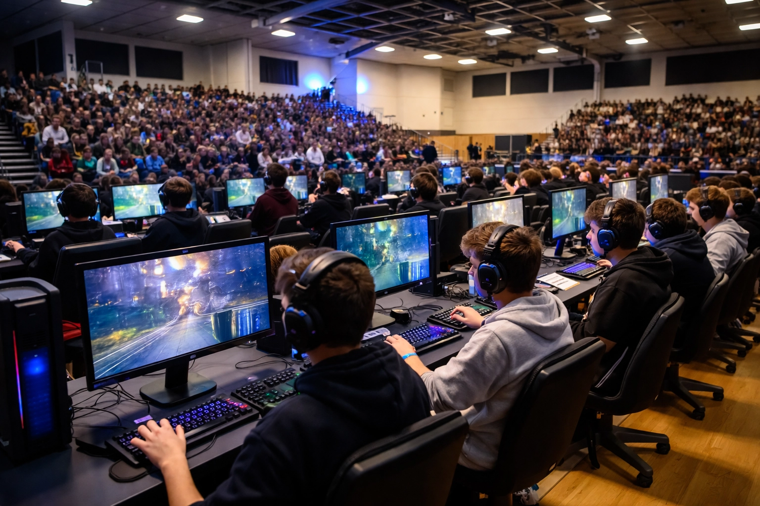High school esports tournament with student competitors at gaming stations and spectators in a gym, highlighting digital signage opportunities in education.