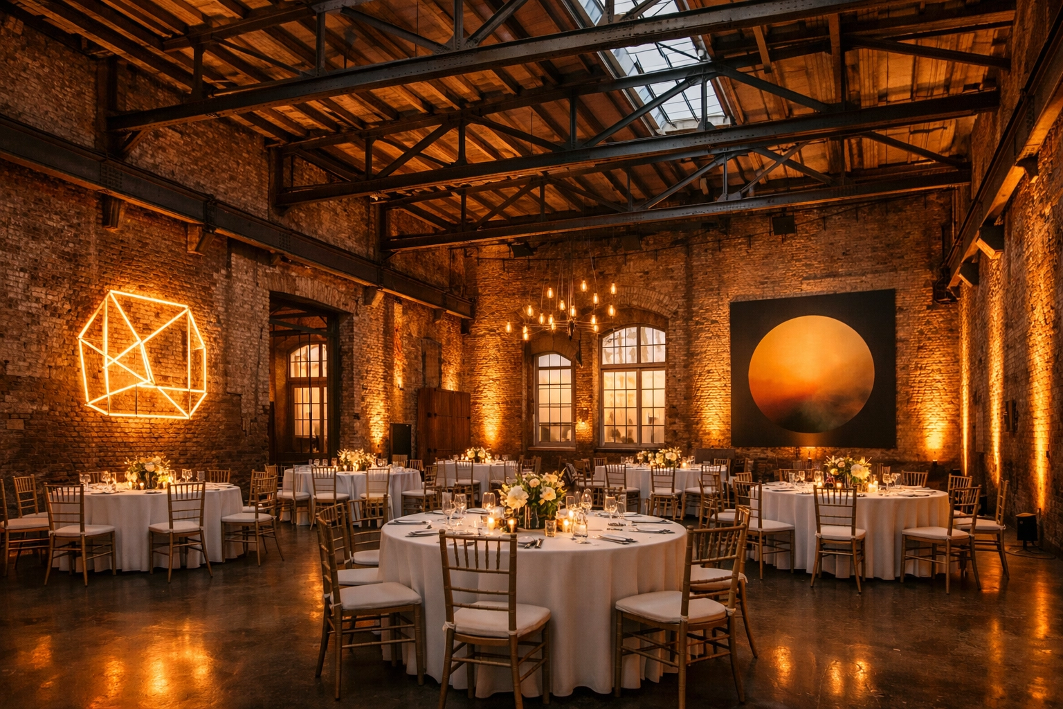Industrial Berlin factory wedding venue with exposed beams and elegant table settings