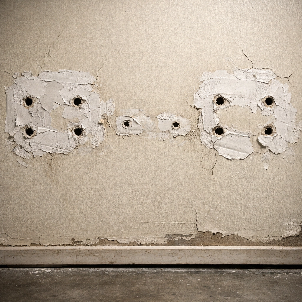 Wall damage from wall-mounted pull-up bar installation in home gym