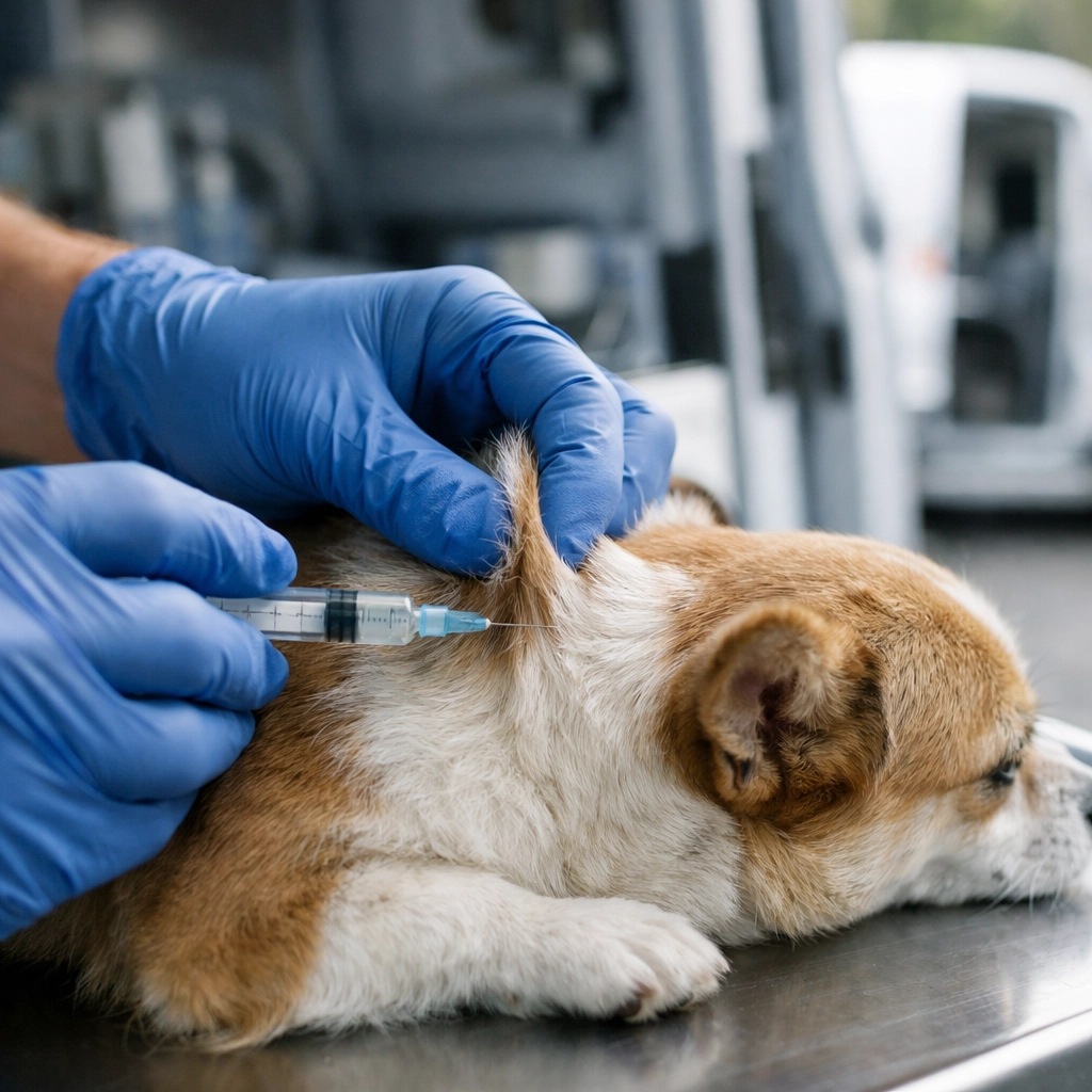 A veterinarian administers a life-saving vaccination to a dog inside a low-cost mobile clinic in Mexico.