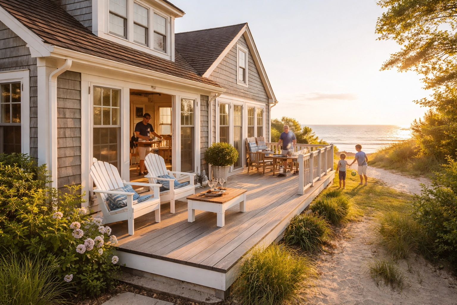 Cape Cod vacation rental by the ocean with family guests, illustrating rental liability risks and the need for umbrella insurance.