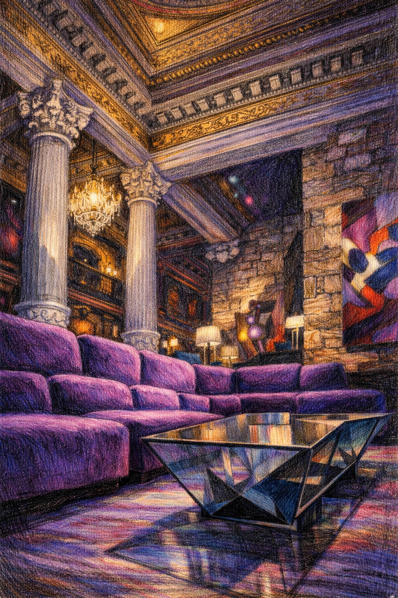 Boutique hotel interior design lounge blending Beaux-Arts details with modern art and bold seating