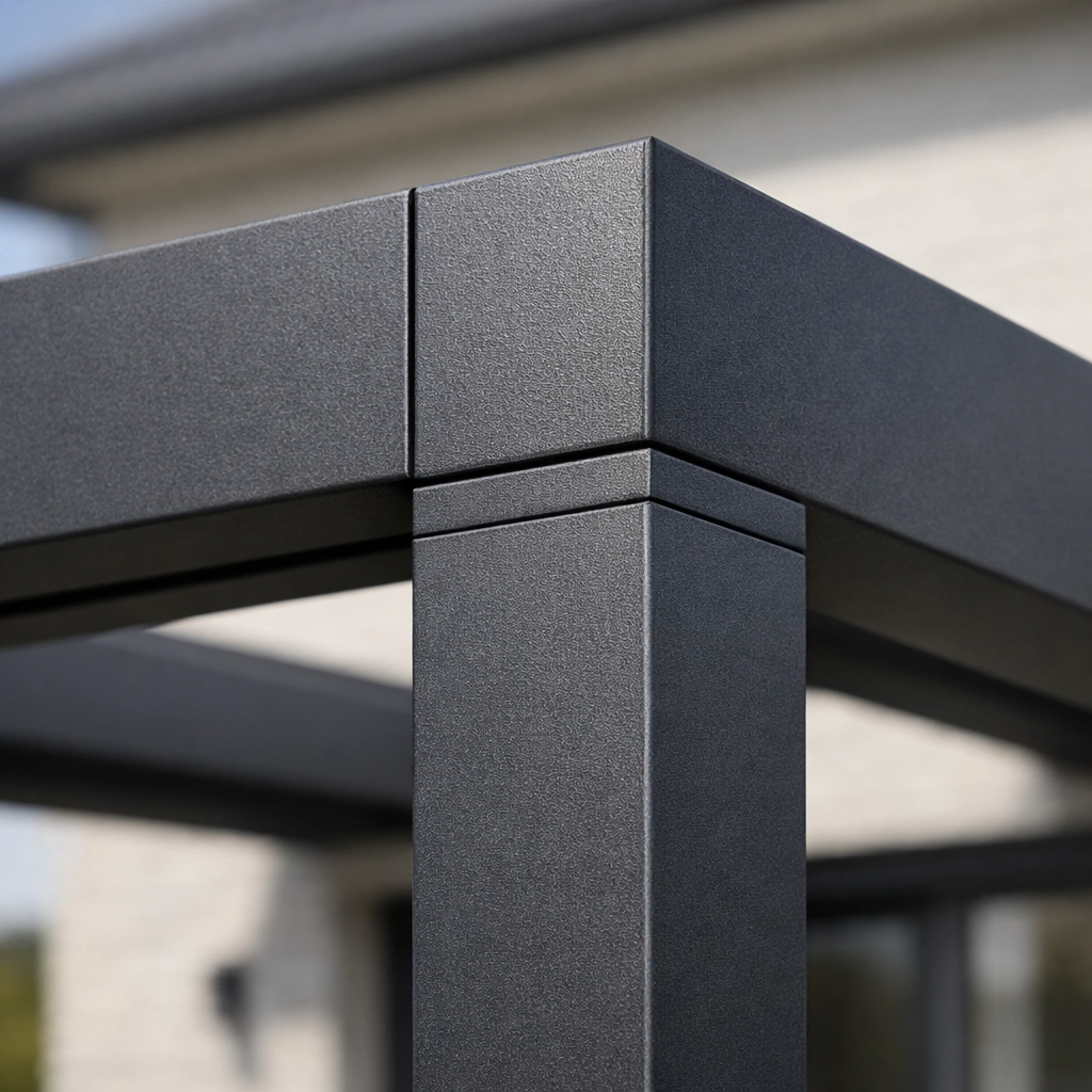Präzises Detail einer Aluminium-Terrassenüberdachung nach Maß mit EN 1090 Standard.