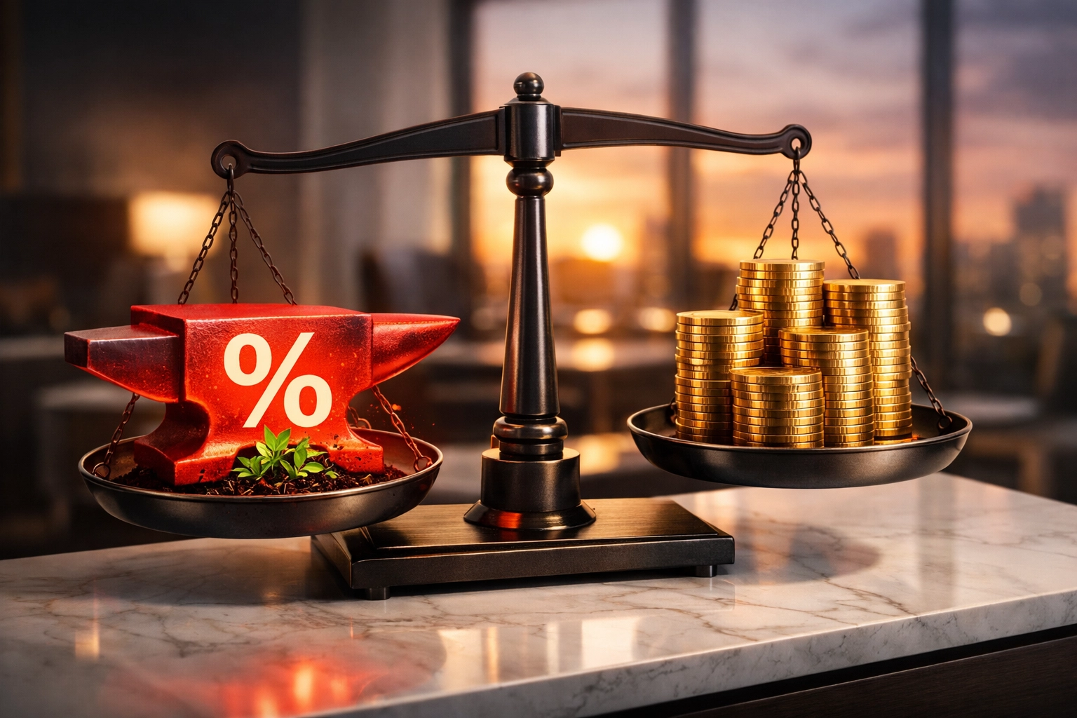 A balance scale showing how high interest rates can crush financial growth compared to saving money.