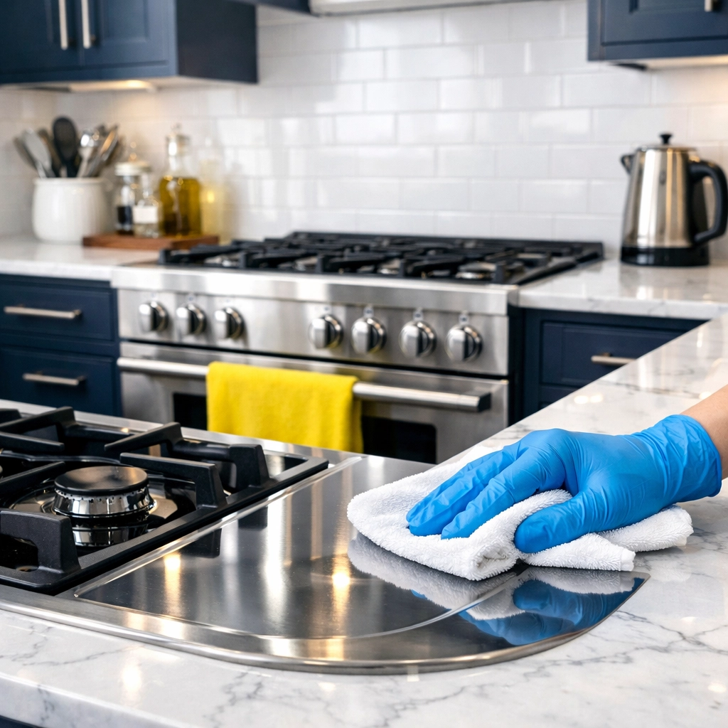 Professional move-out cleaning Worcester in a modern kitchen with polished marble countertops.