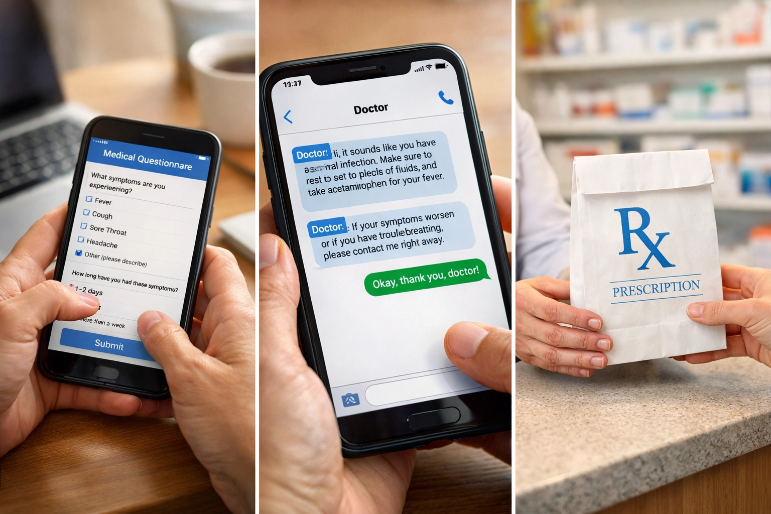 Three-step online doctor consultation process from symptom chat to pharmacy prescription pickup