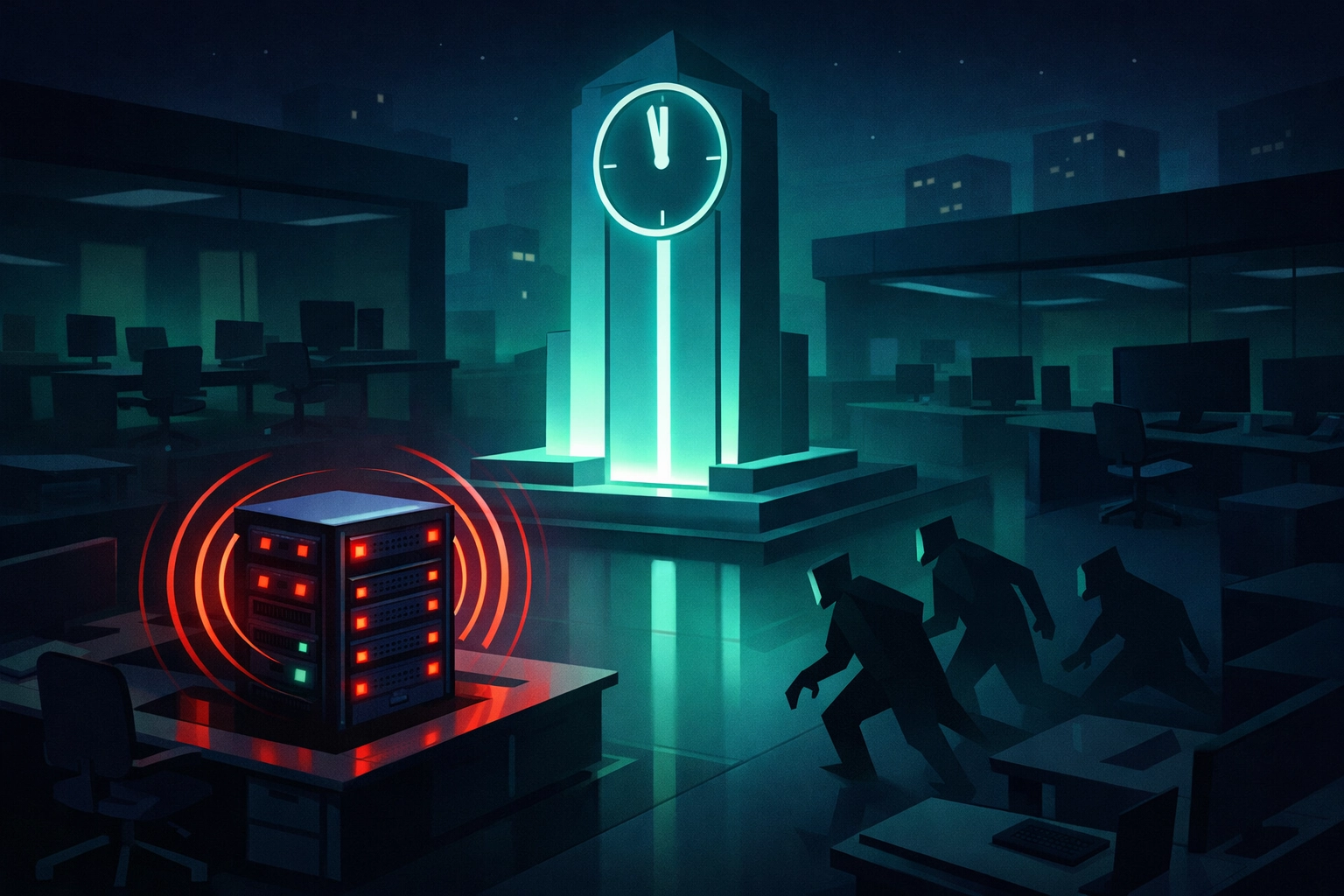 Digital office at night with a glowing server rack alert showing the importance of 24/7 cybersecurity monitoring.