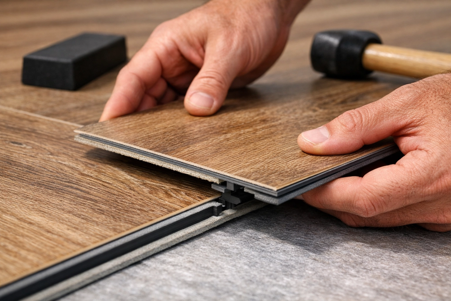 Professional LVP flooring installation showing interlocking plank system