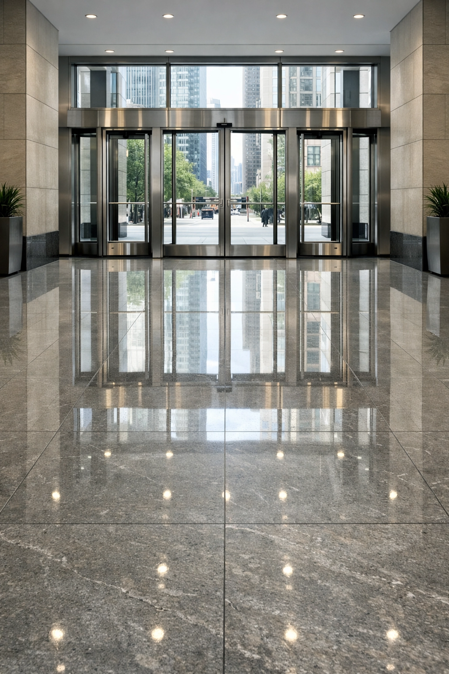 Polished stone floor in a modern Chicago building entryway after a professional seasonal deep cleaning.