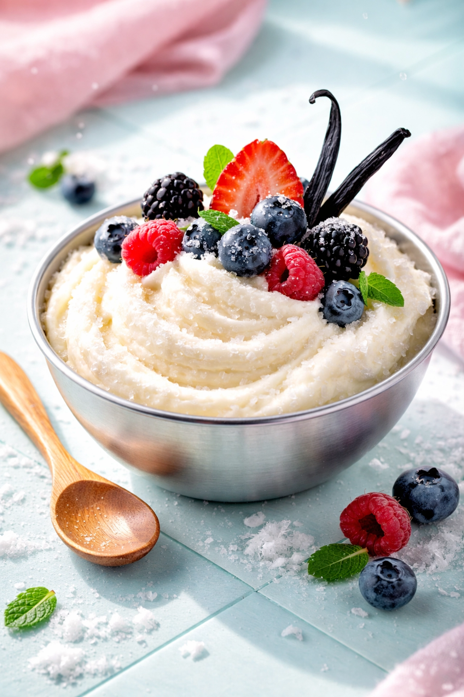Creamy homemade snow cream topped with fresh berries and vanilla in a stainless steel bowl