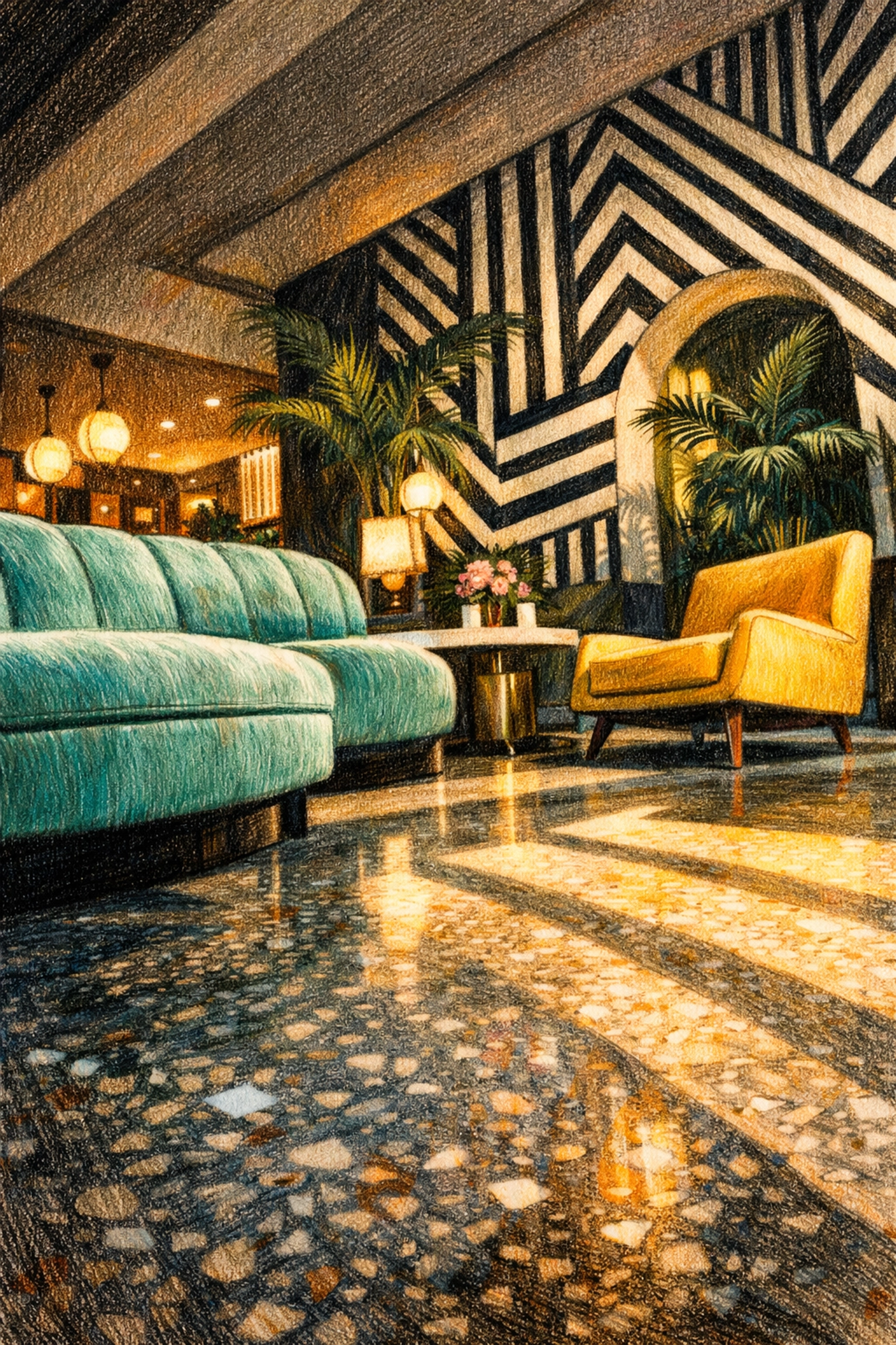 Boutique hotel interior design featuring a mid-century velvet sofa and bold geometric wall patterns.