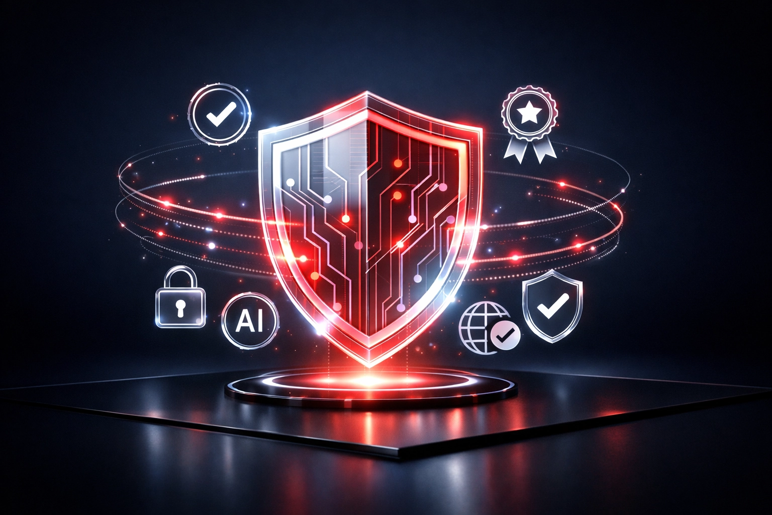 AI trust signals and governance framework protecting business data with digital security certifications