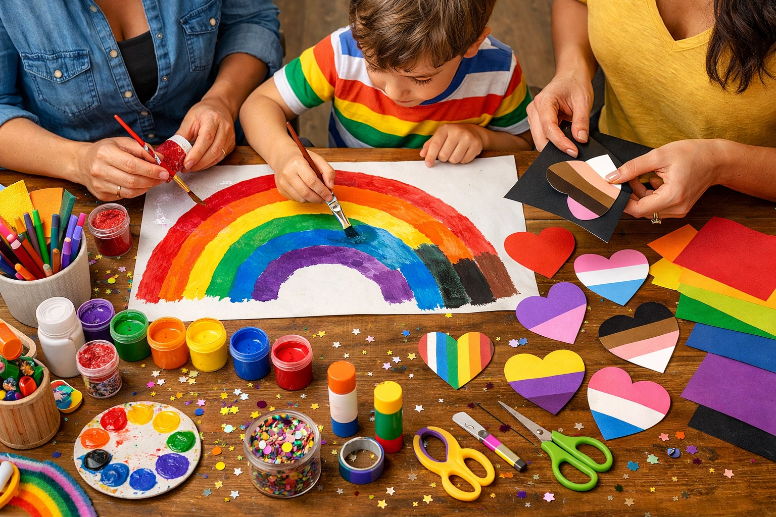 Two mothers and their son making colorful rainbow Pride crafts and paper hearts during a family activity.