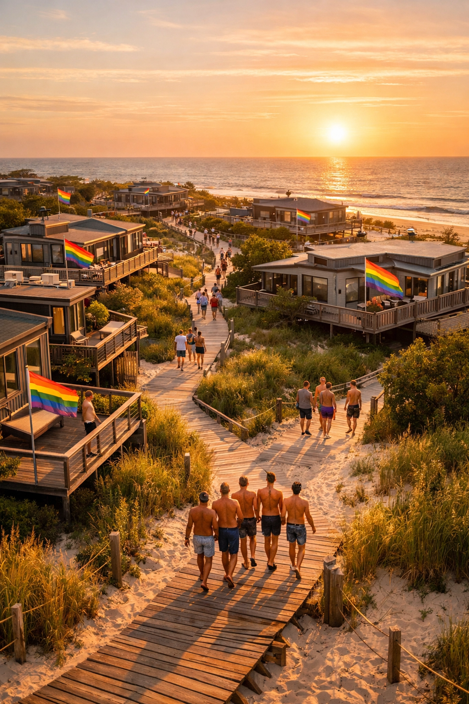 Fire Island Pines boardwalks and rainbow flags at sunset