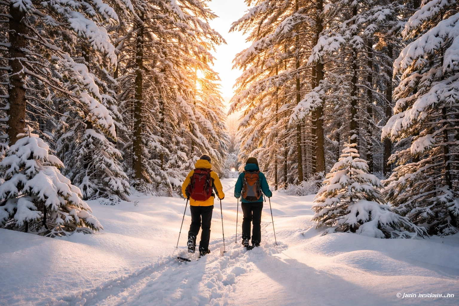 Two people snowshoeing through a snow-covered forest trail in the Ontario Highlands near Cloyne - AI representation