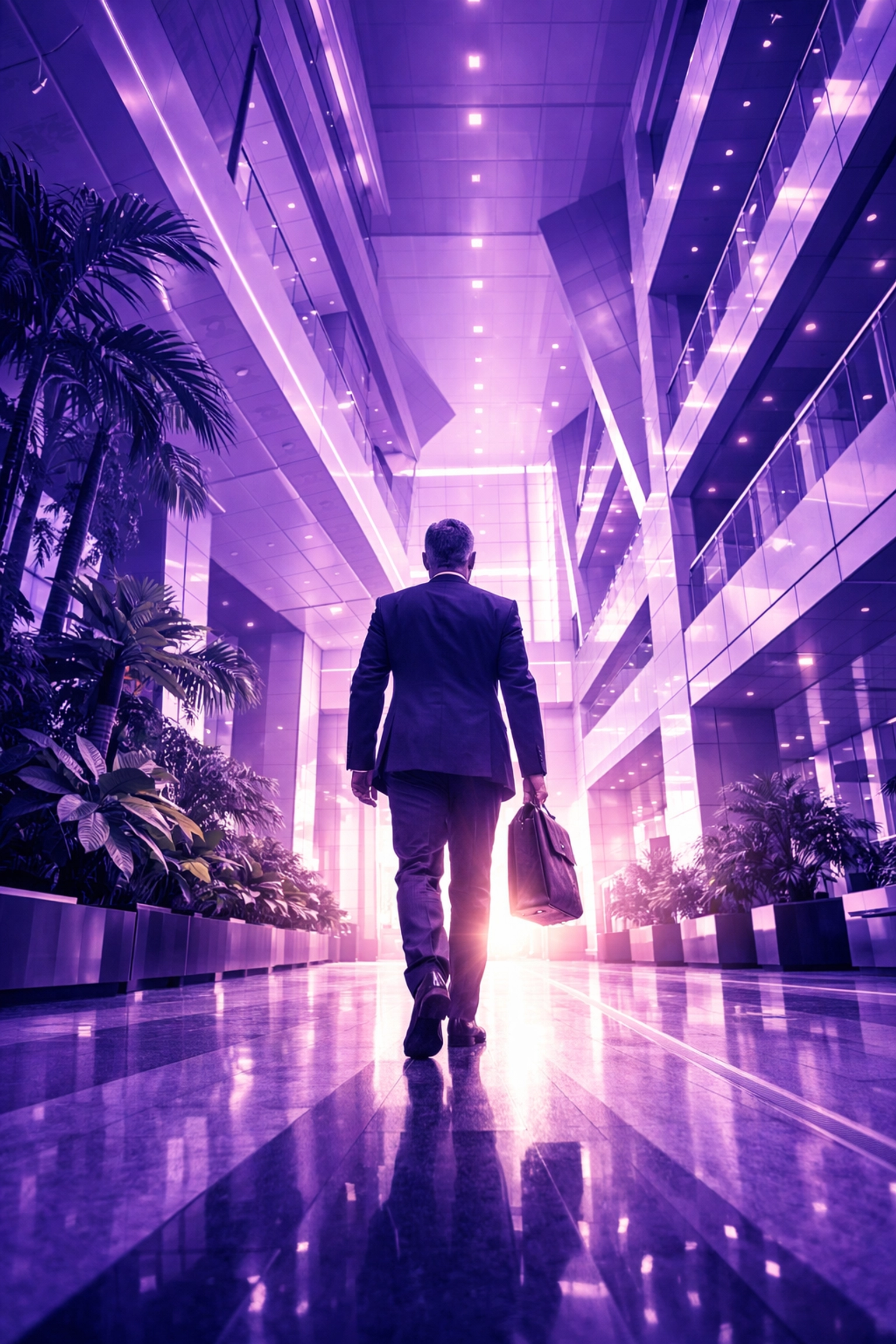 Business leader walking through a modern office lobby towards a roadmap of AI-driven profit.