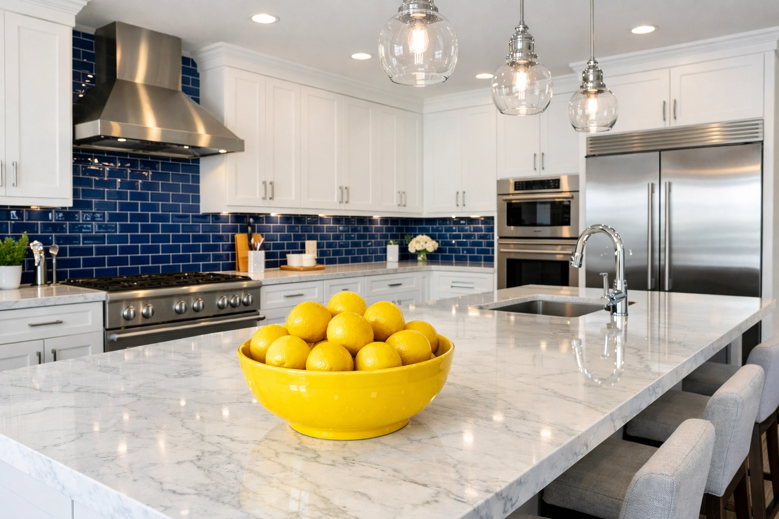 Spotless luxury kitchen in Westford with sparkling marble countertops after a professional deep cleaning service.