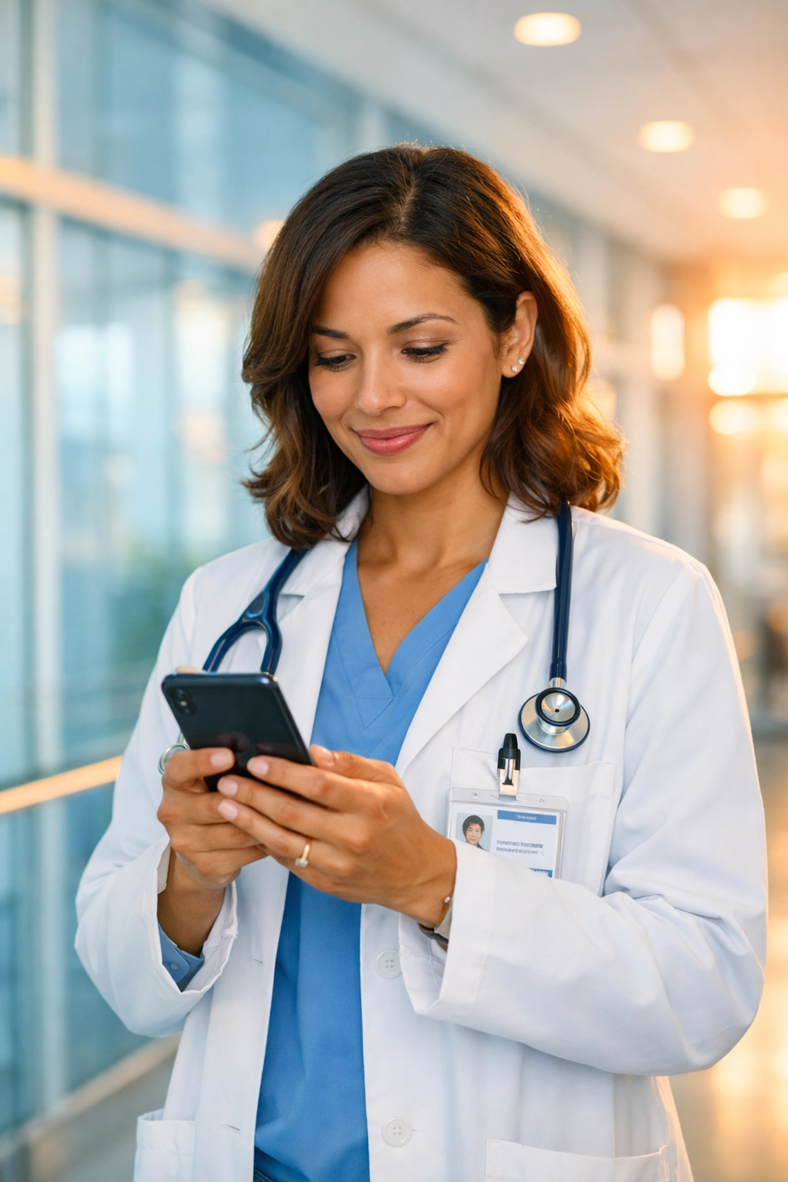 Female physician receiving a timely update from a reliable healthcare staffing agency on her smartphone.