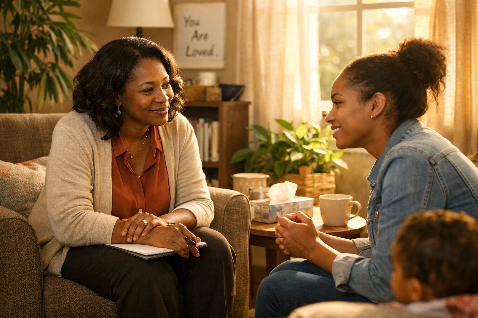 Black female counselor providing supportive crisis counseling to a young mother in a South Jersey community center.