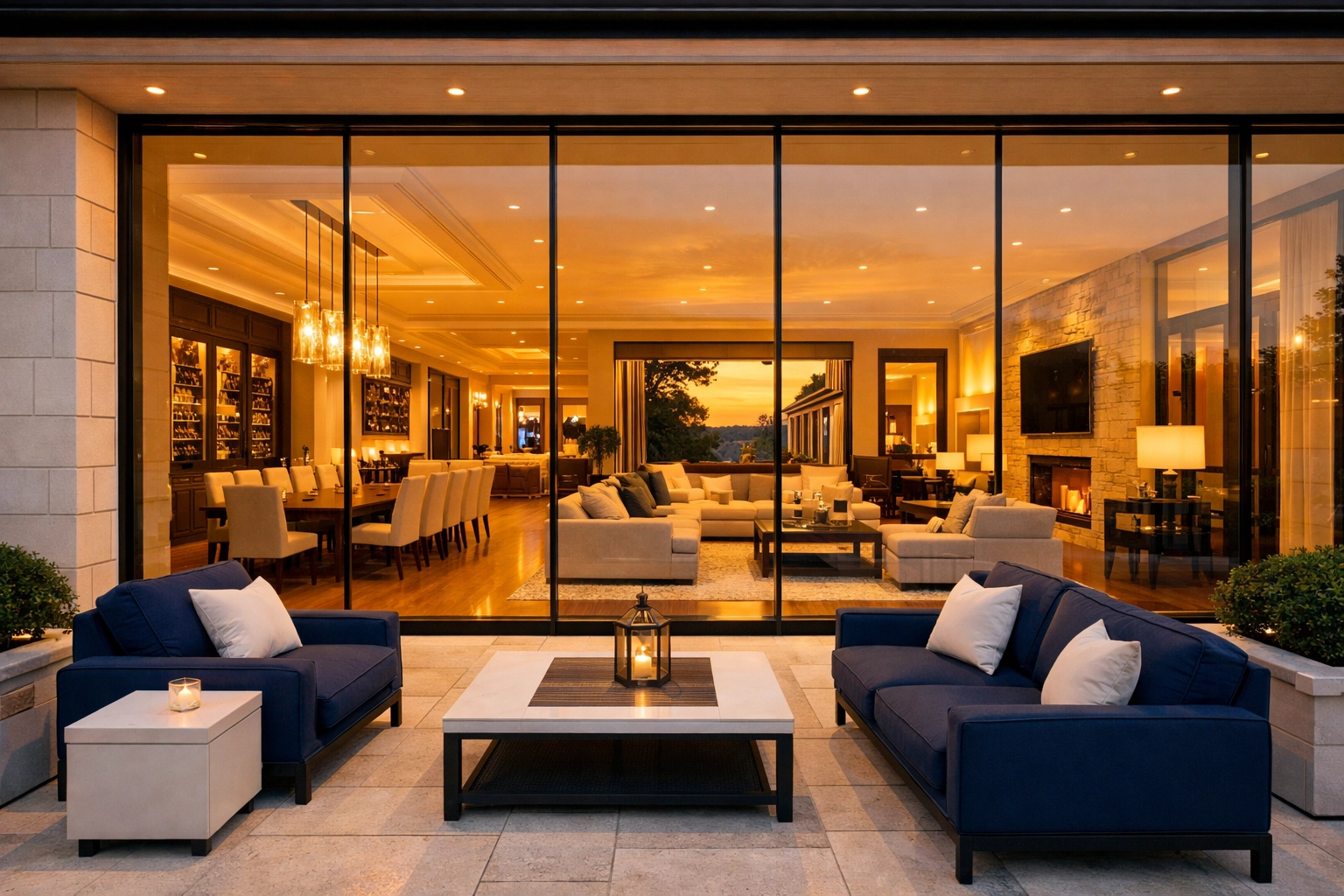 Exterior view of a glowing Hamilton estate showcasing the beauty of luxury house cleaning in Hamilton.