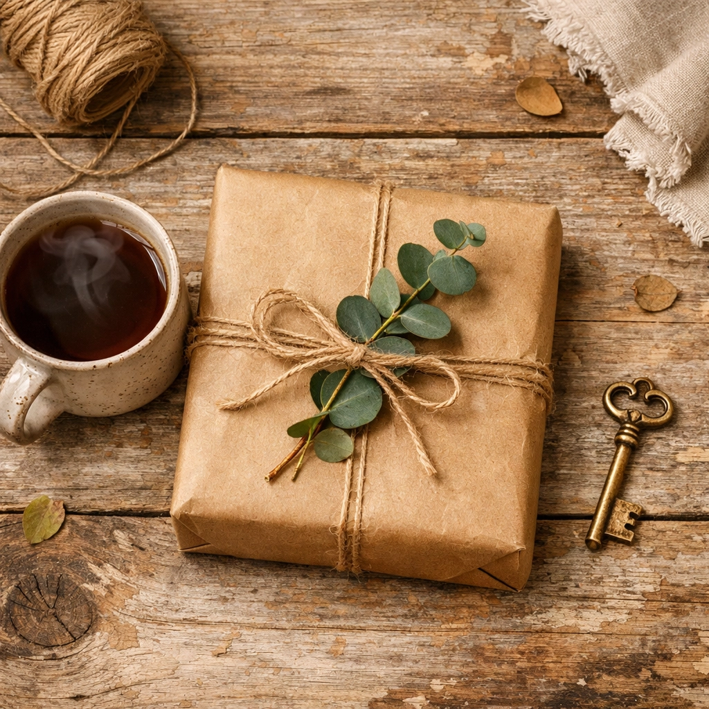 Sustainably wrapped artisan gift with eucalyptus and jute twine on a rustic tabletop.