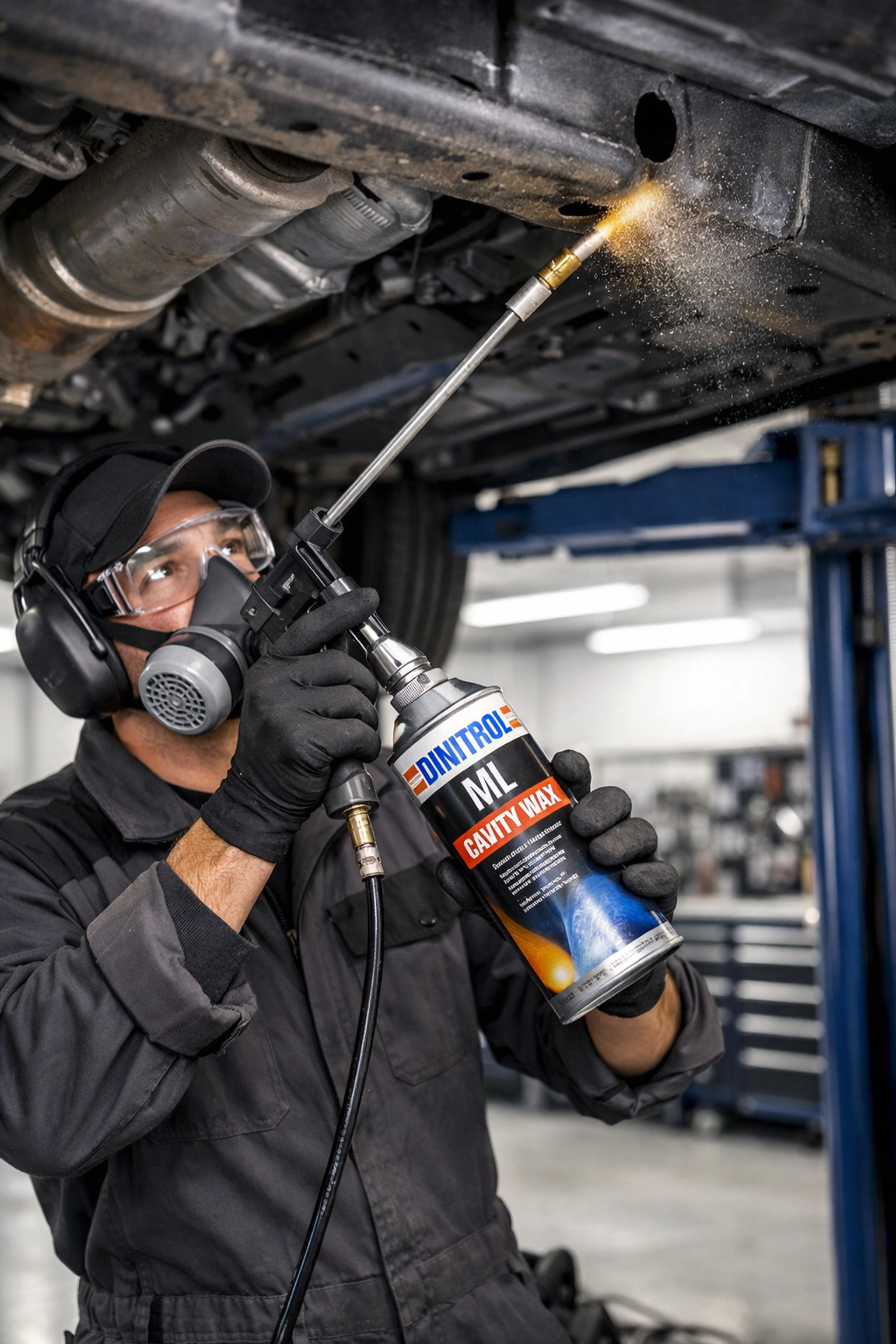 Technician performing vehicle rustproofing services using Dinitrol cavity wax.
