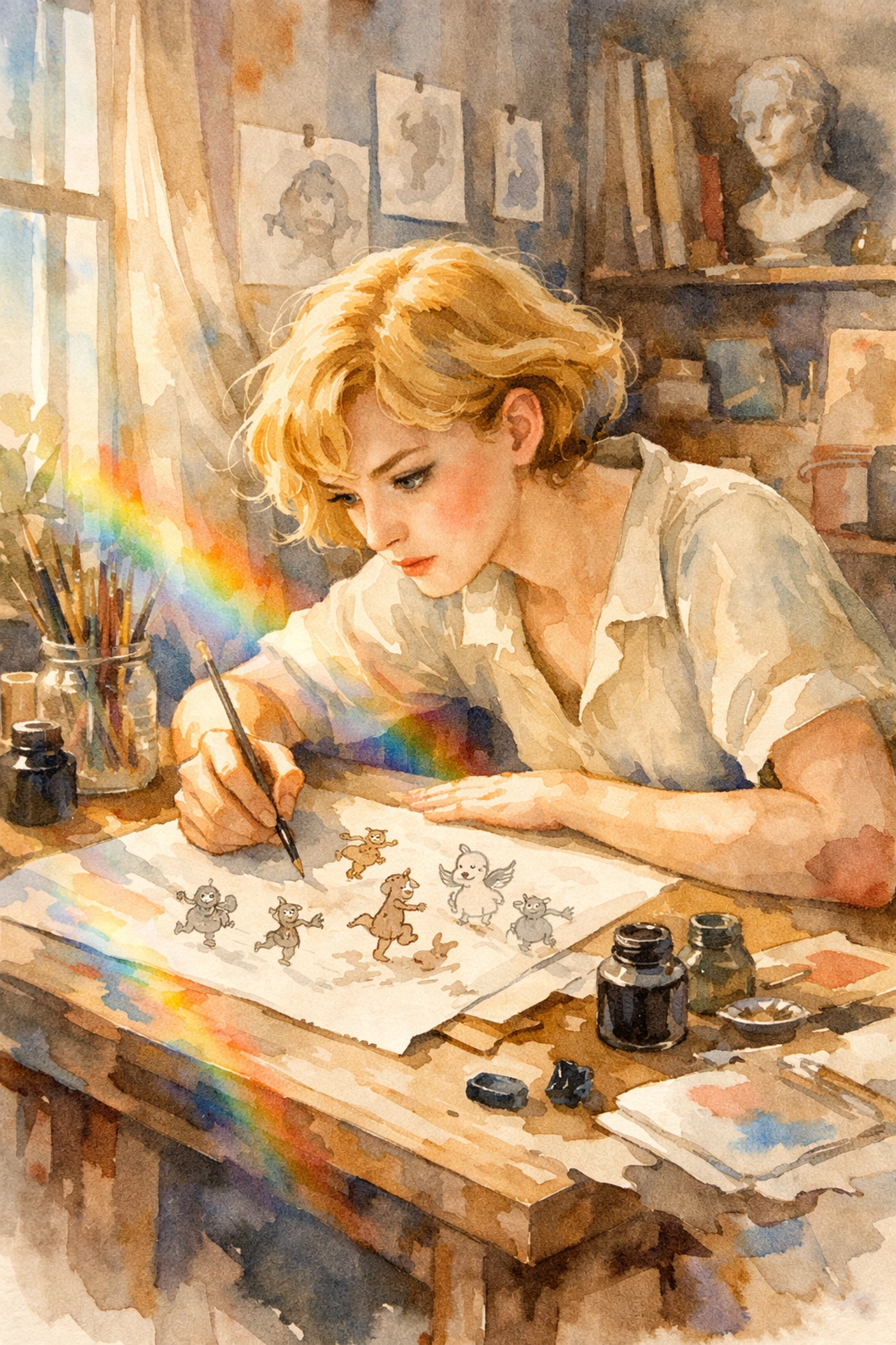Young queer artist in a vintage studio drawing whimsical characters, inspired by Tove Jansson’s early life.
