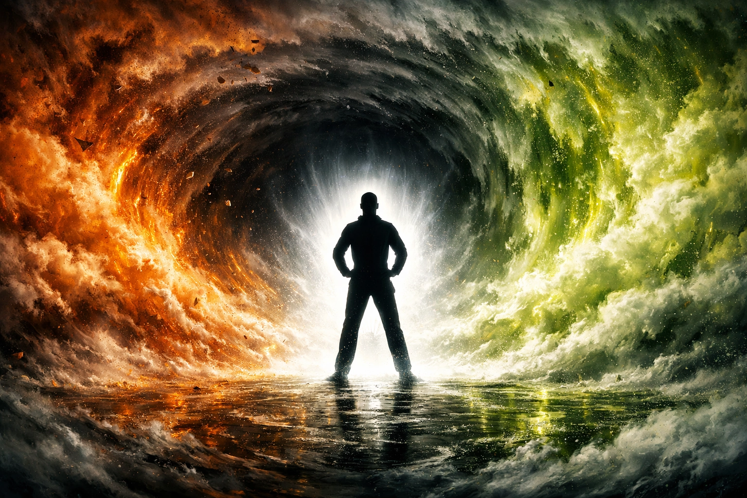 A calm, regulated leader in a chaotic vortex, highlighting why leaders prioritize regulation over mindset.