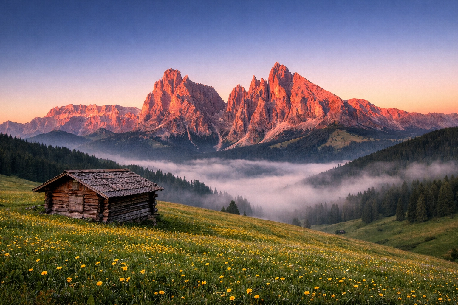 Lens Around the World: Your Essential 50-Spot Photography Handbook 2 Breathtaking landscape photography of the Italian Dolomites mountain peaks at sunrise.