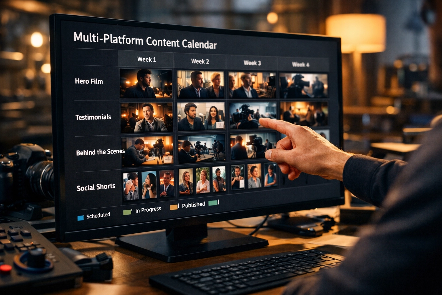 Marketing team reviewing multi-platform content calendar with video asset thumbnails on large monitor in workspace
