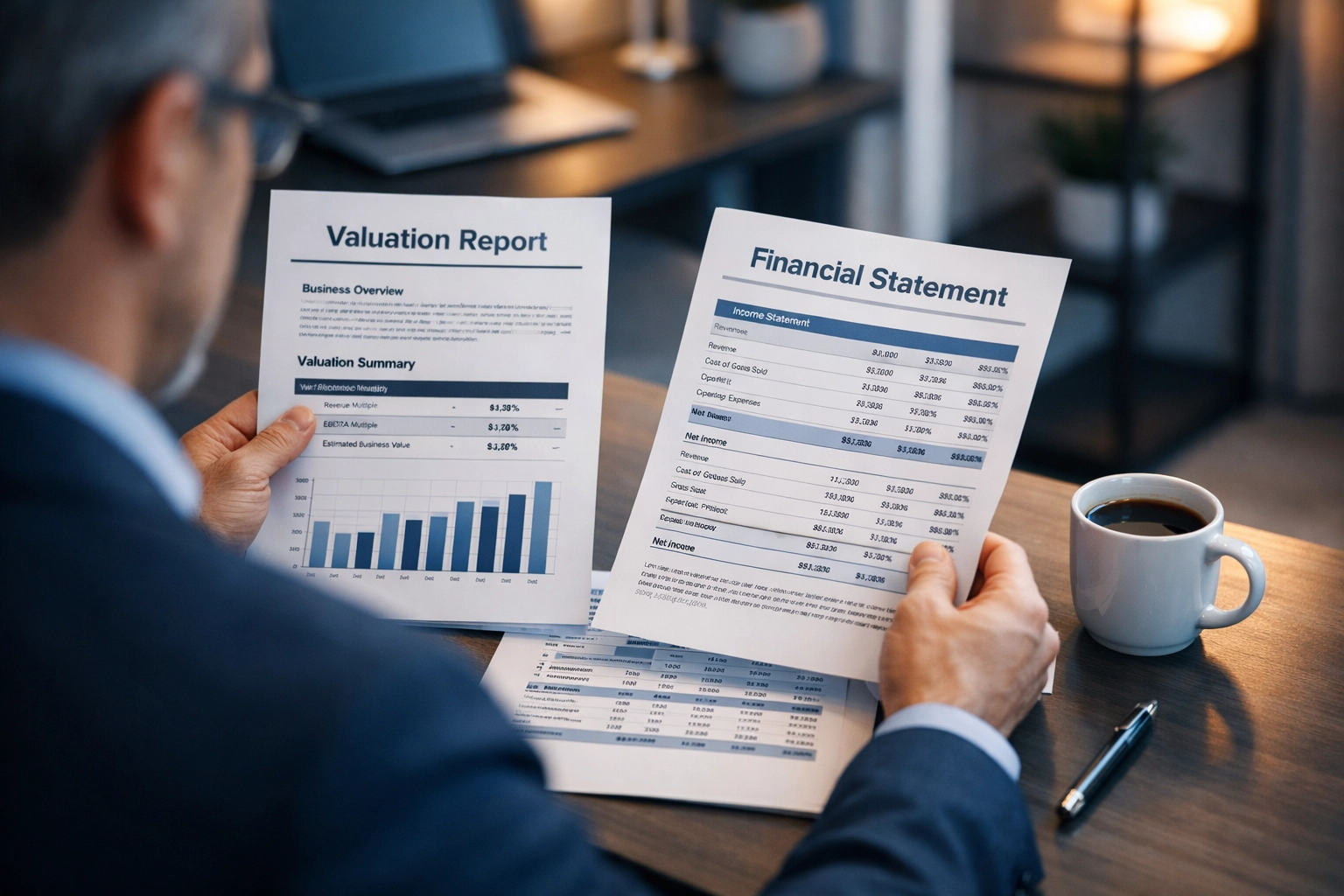 Business owner reviewing valuation reports to sell North Carolina business