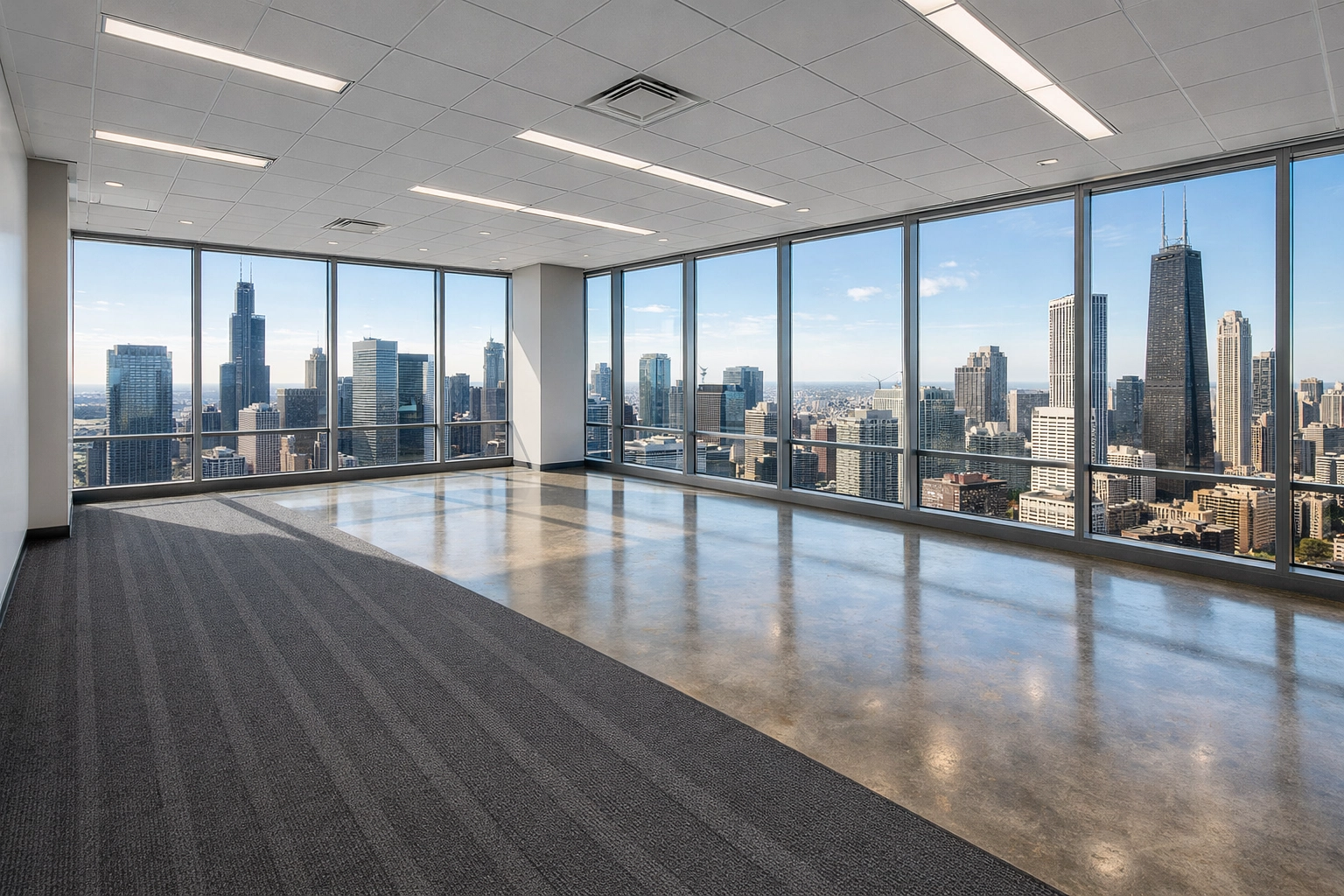 Move-in ready commercial office space in Chicago with clean floors and city skyline views.