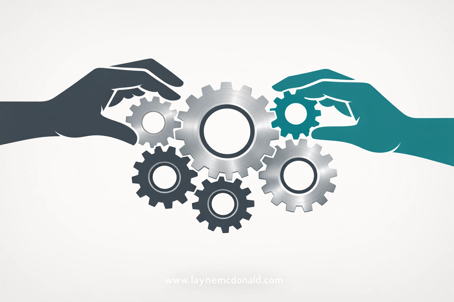 Stylized hands adjusting mechanical gears to illustrate fixing church systems instead of blaming people.