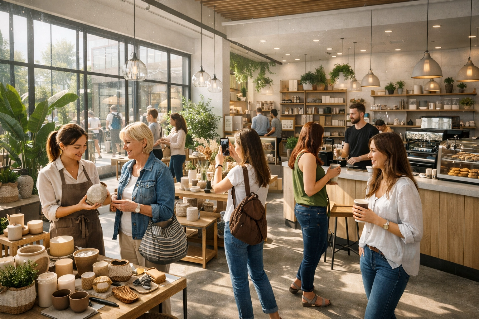 Authentic customer interactions in a busy modern marketplace showing business trust and engagement.