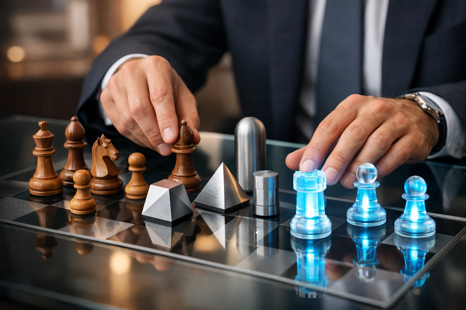 Strategic portfolio construction with chess pieces representing stocks, bonds, and digital assets