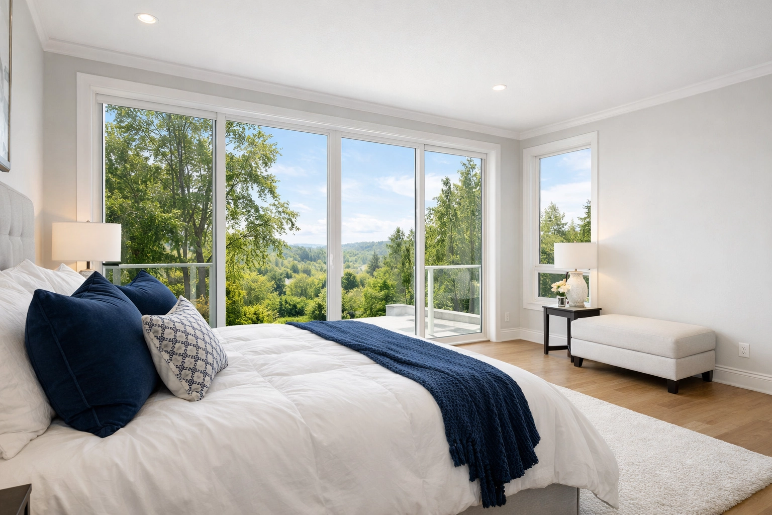 Bright master bedroom featuring pristine walls and clear windows for high-end real estate listings.