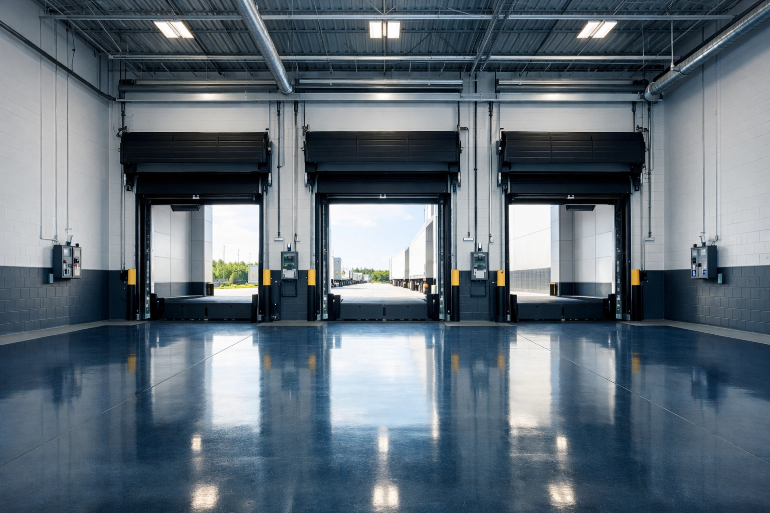 Spotless commercial loading dock in a distribution center after professional industrial cleaning services.