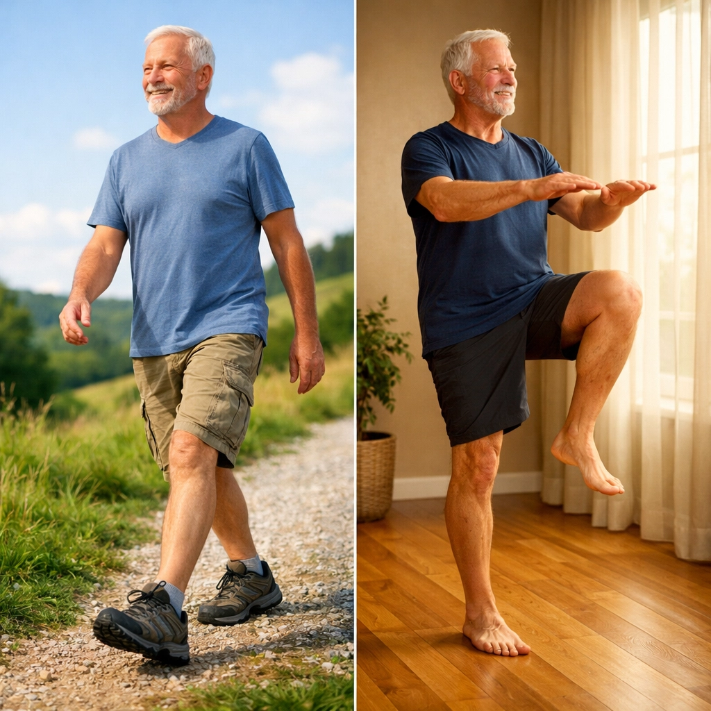 Senior man demonstrating balance on varied surfaces with different footwear for proprioception