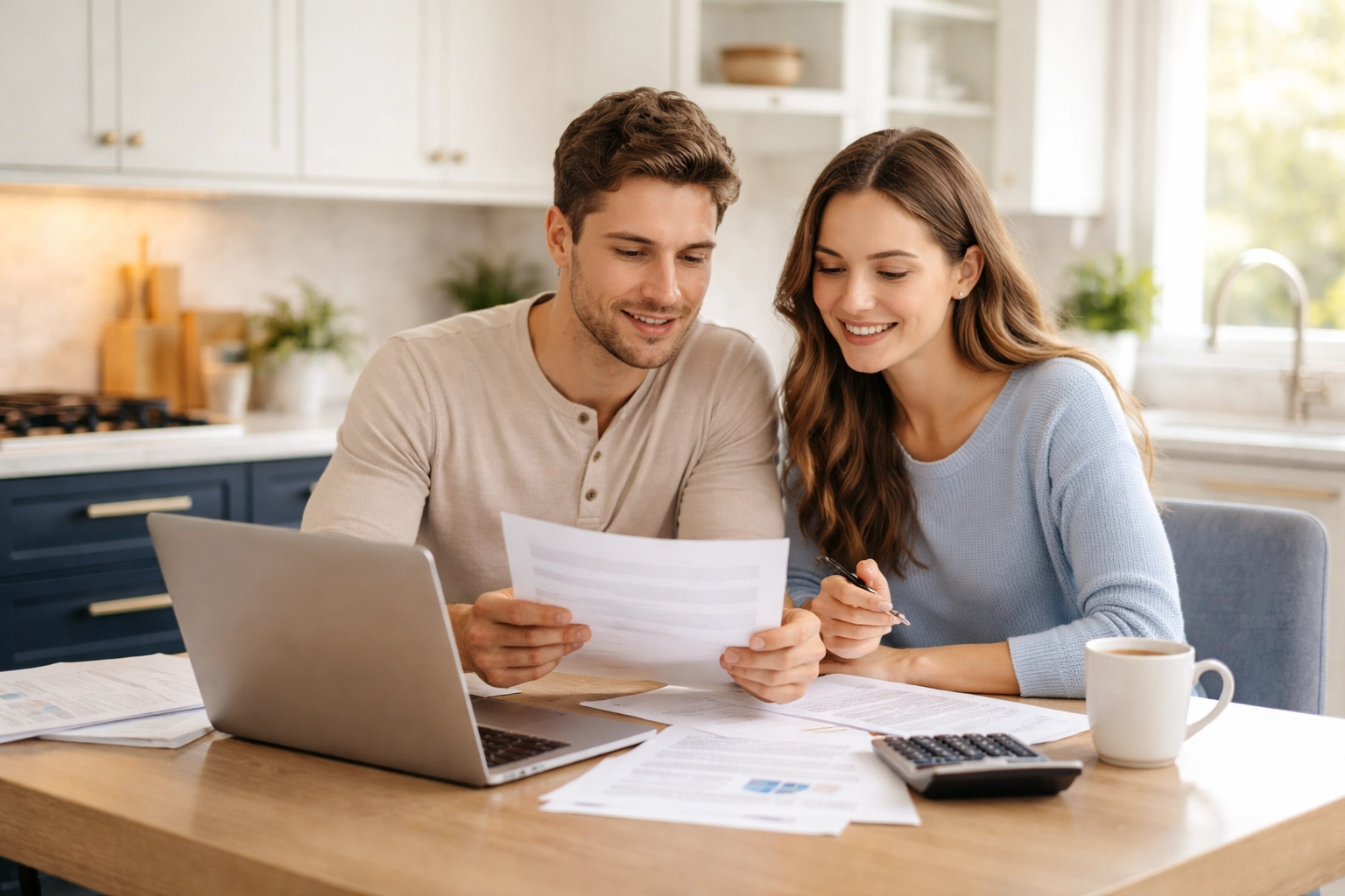 Young couple reviews mortgage documents at kitchen table to decide on buying mortgage points