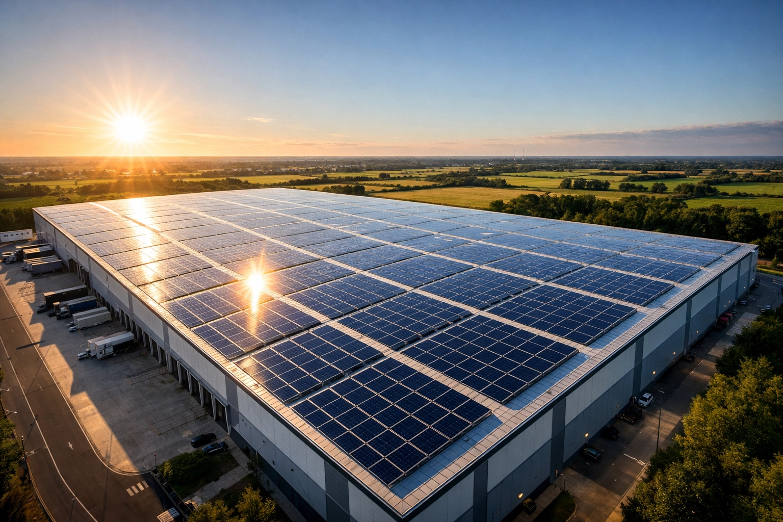 Large-scale commercial solar panels installed on a UK warehouse roof for energy independence.
