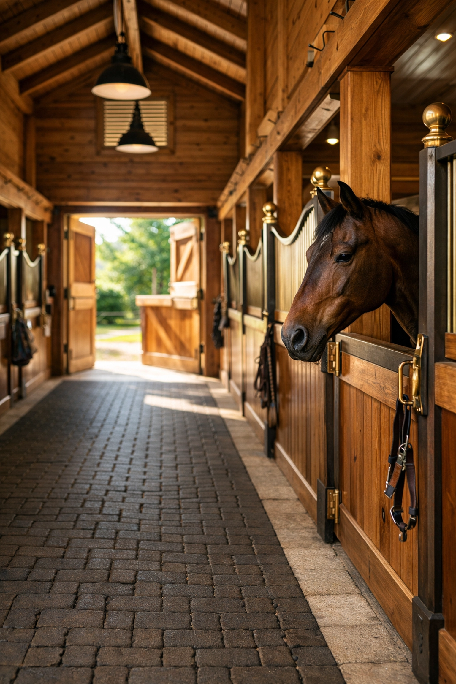 Well-maintained horse barn interior with wooden stalls and center aisle in North Carolina