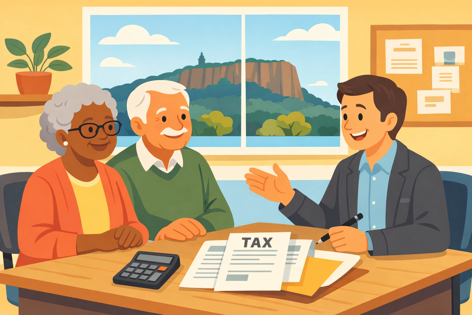 Senior couple in New Haven receiving professional tax preparation help from a counselor in a local office.