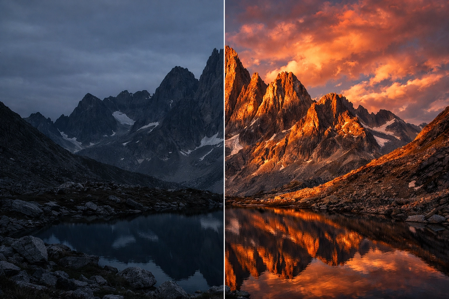 Side-by-side comparison showing how photo editing tutorials help fix exposure and contrast in RAW landscape files.