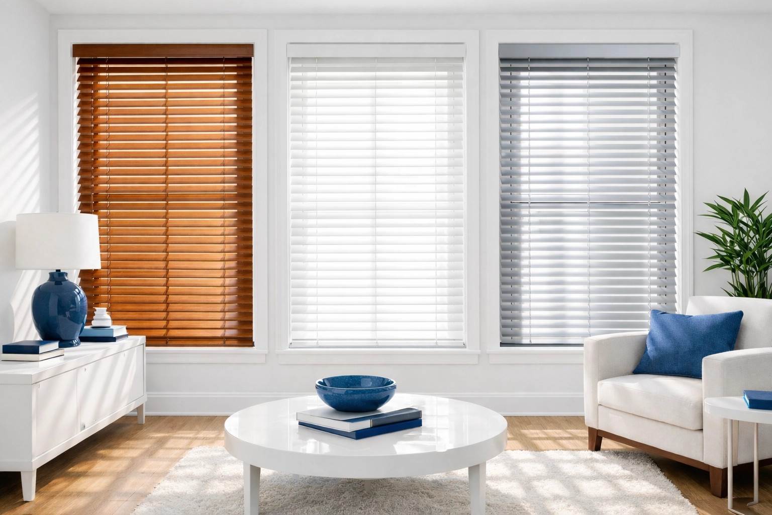 Modern windows showing clean wood, faux-wood, and aluminum blinds in a tidy home.