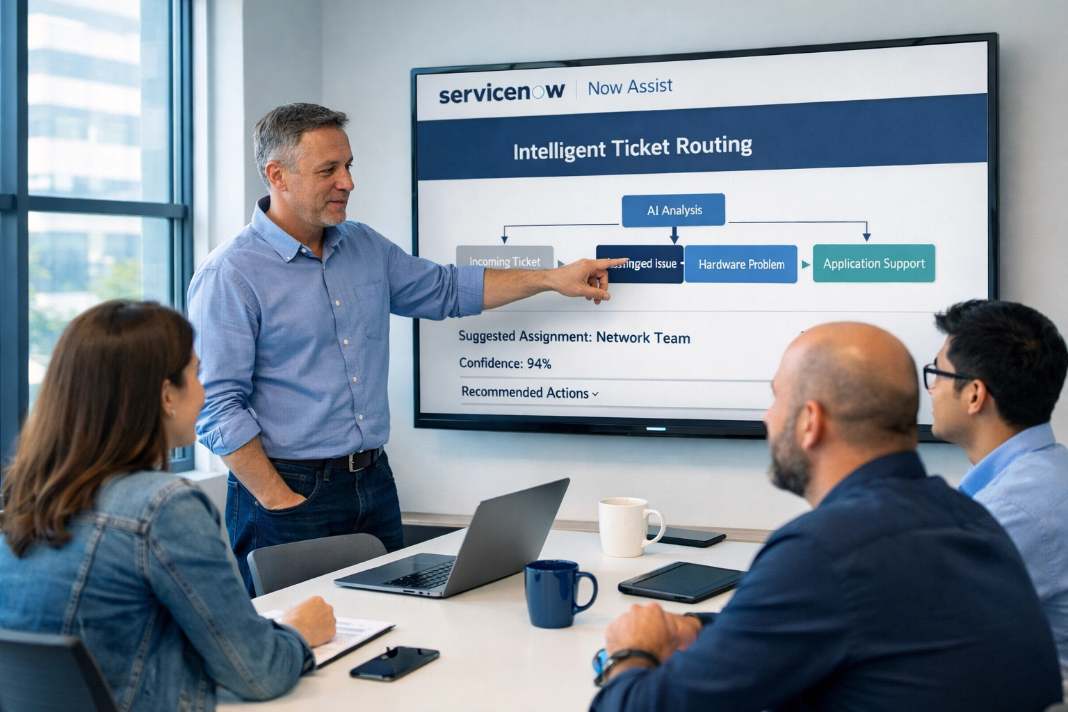 IT professionals using ServiceNow Now Assist AI-powered incident management system in modern office