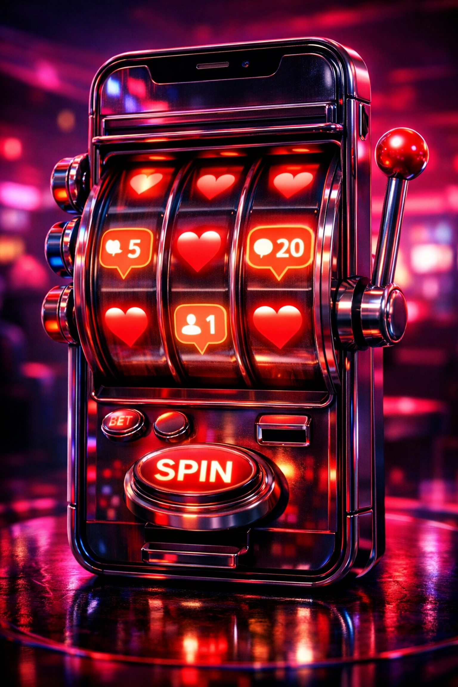 Smartphone screen visualised as a slot machine representing the addictive nature of social media apps.