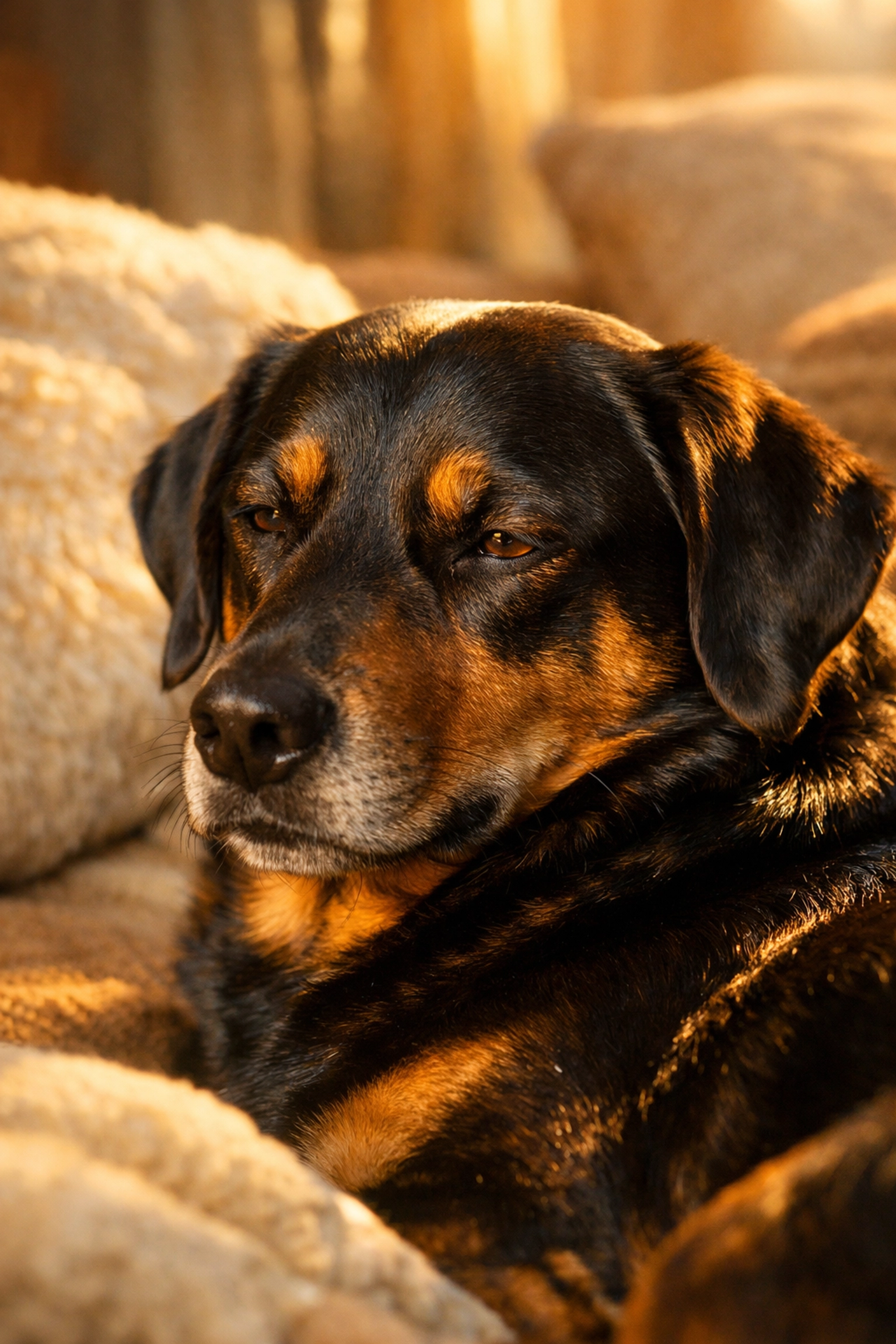 Close-up of a calm dog with a shiny, healthy coat supported by Soothe calming coconut oil supplements.