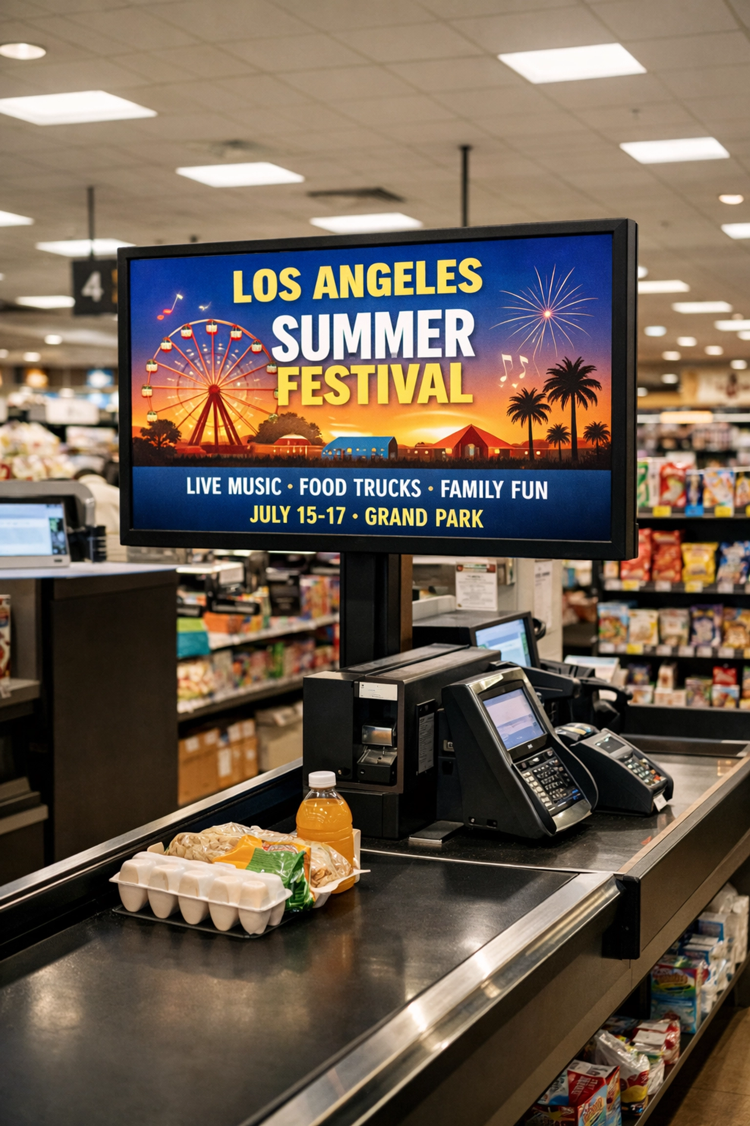 Digital advertising display screen at a grocery store checkout aisle targeting shoppers in Los Angeles.